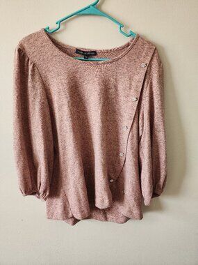 Adrienne Vittadini Top Mauve Rhinestone Button Draped Knit Top Sweater Size L